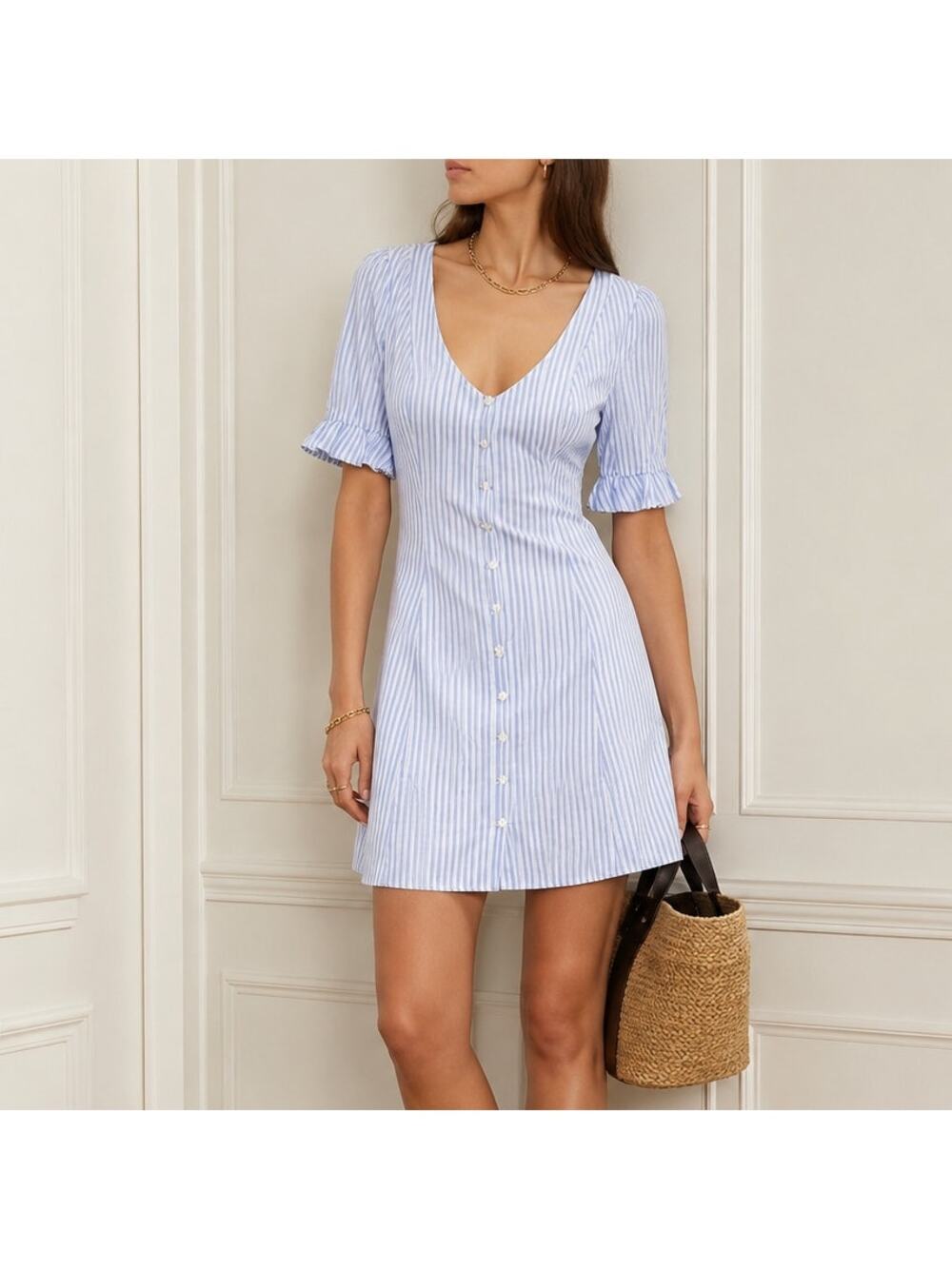 L'Academie Belize Mini Dress Womens XS Sky Striped Cotton Button Front Shirt